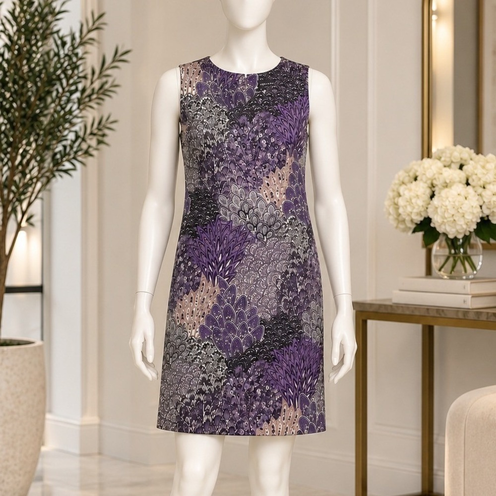 Connected Apparel Womens Sheath Dress Purple Grey Feather Print Size 10